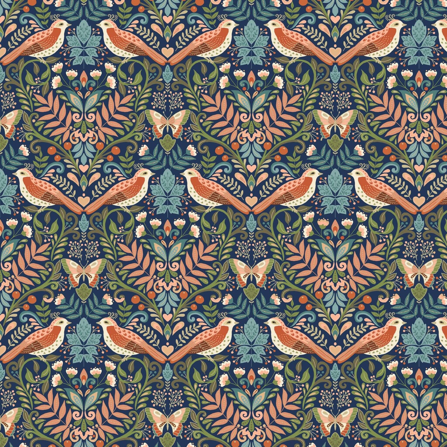 Damask Bird - Luxe Fabric Range - Makower - Navy