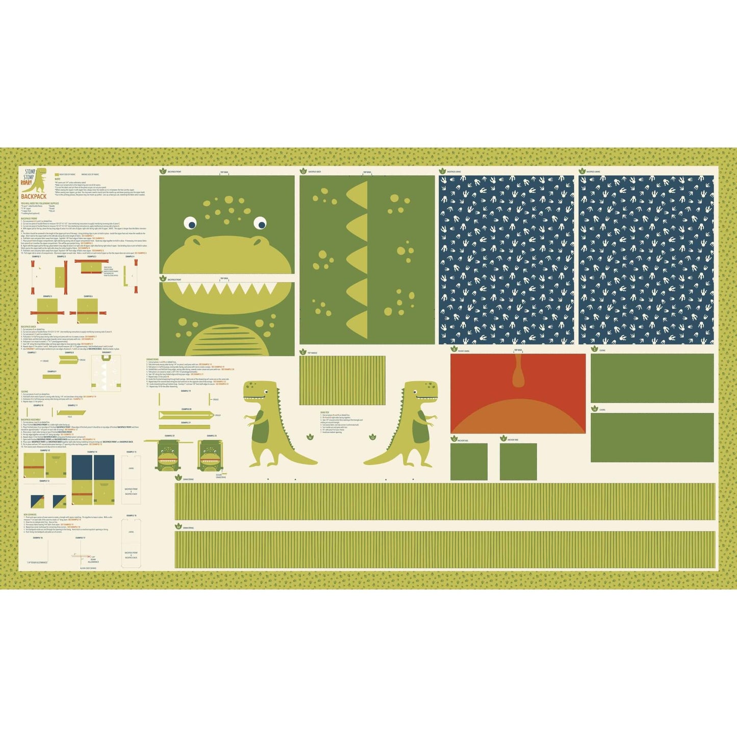Dinosaur Back Pack Panel 36" x 60" - Stomp Stomp Roar Fabric Range by Stacy Hsu for Moda Fabrics