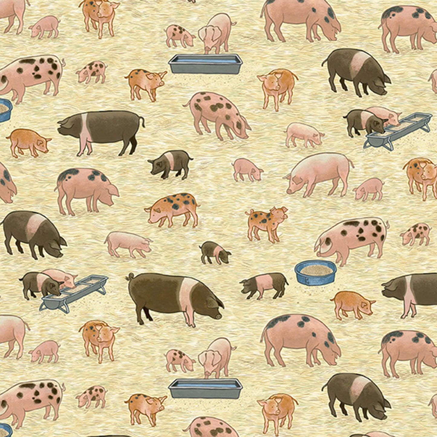 Pigs - Village Life Fabric Range - Makower - Beige