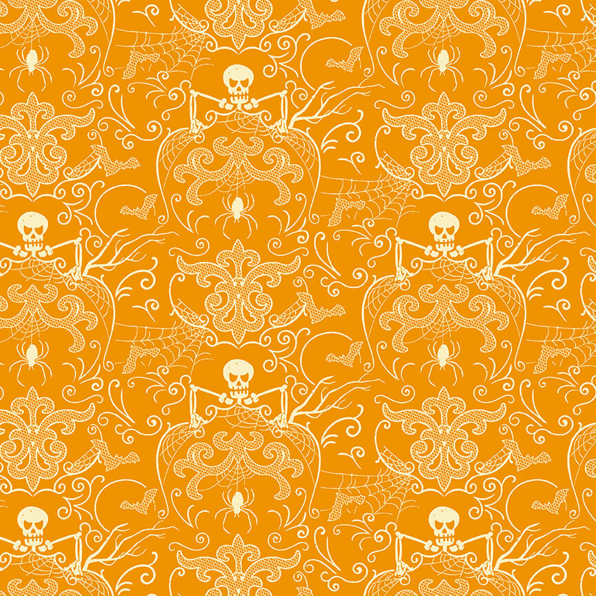Skeleton - Midnight Haunt Halloween Fabric Range - Makower - Orange