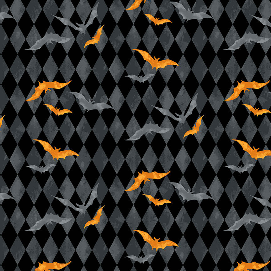 Bats on Diamonds - Midnight Haunt Halloween Fabric Range - Makower - Black