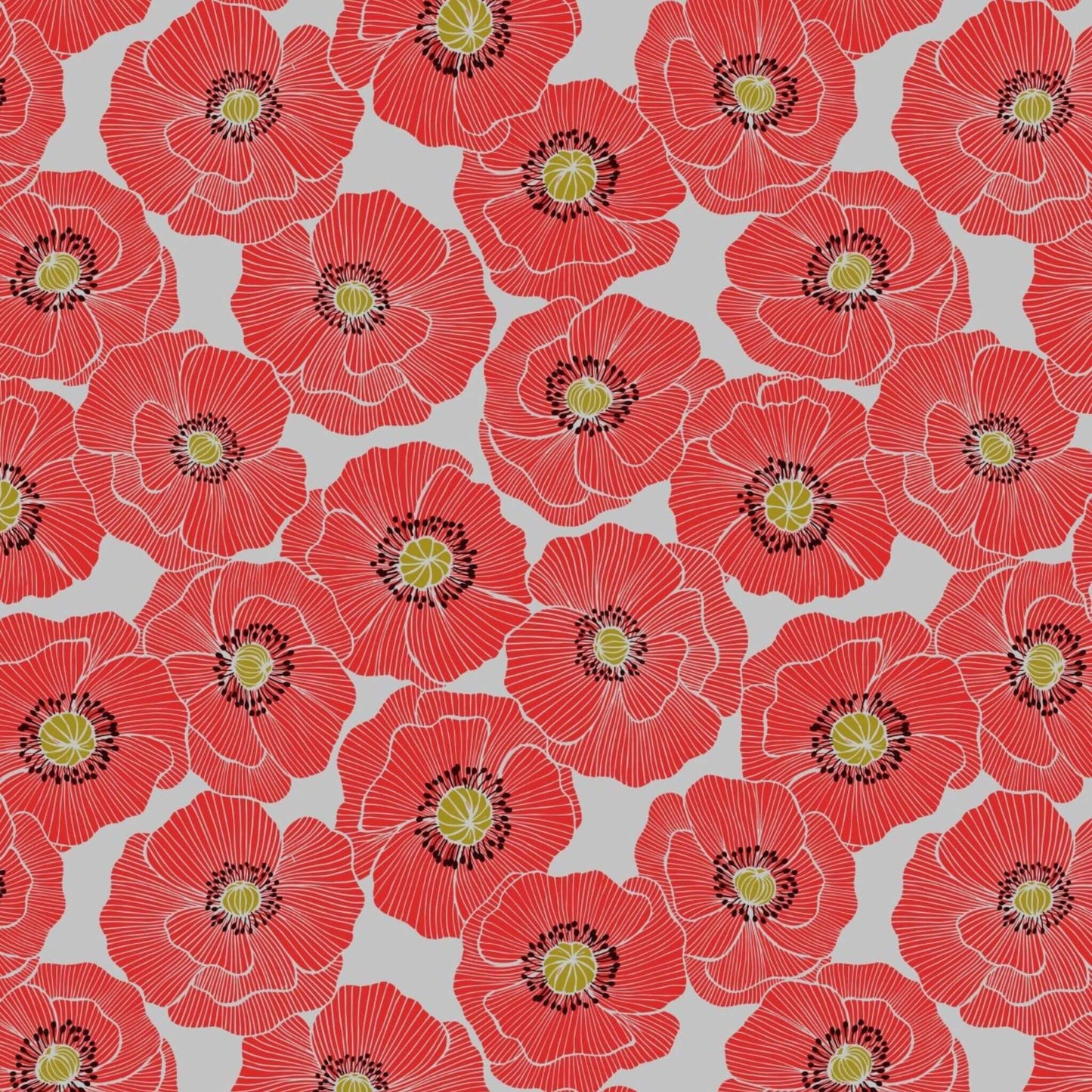 Large Poppy - Poppies Fabric Range - Light Grey