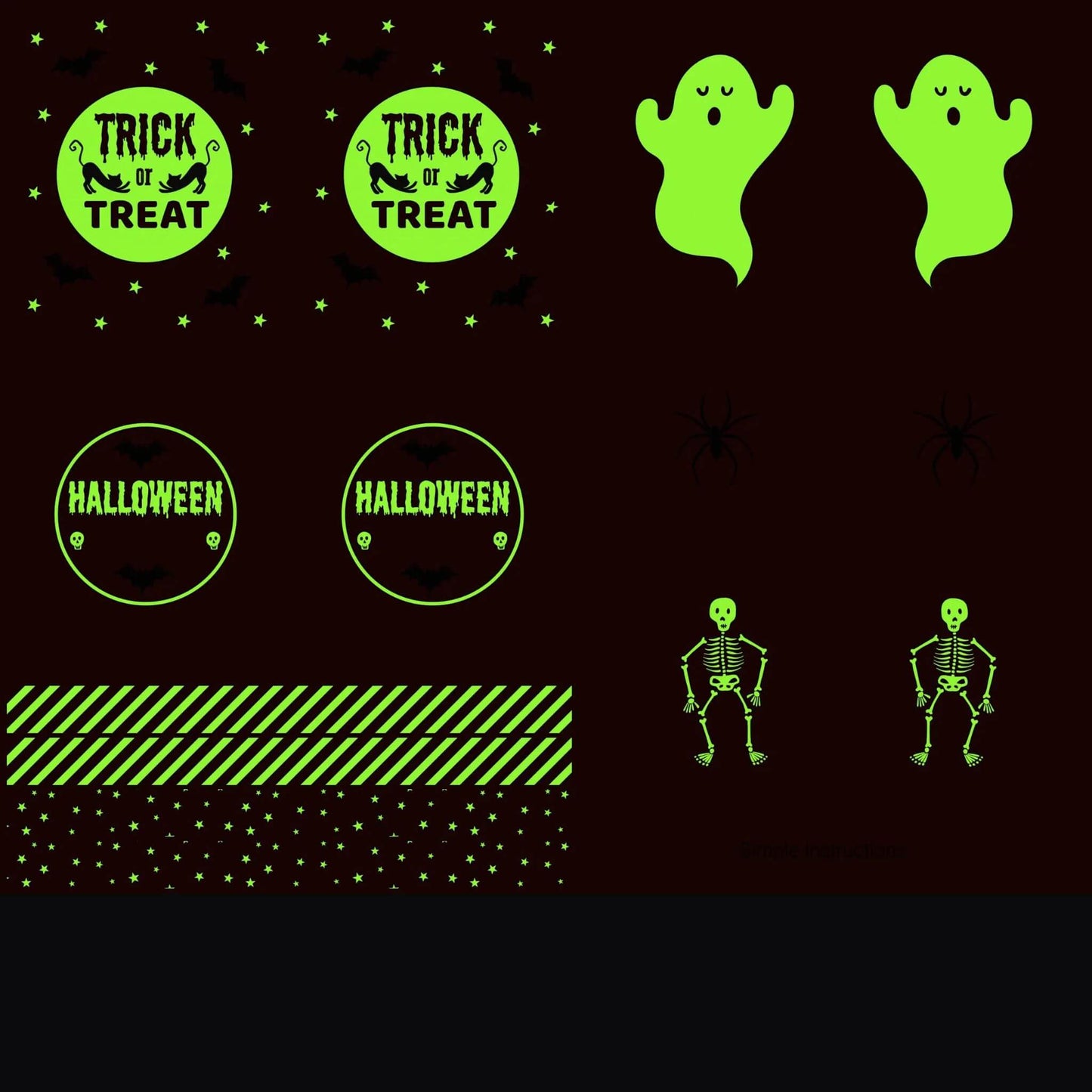 Glow In The Dark Treat Bags and Cut Outs on Black - Haunted House Halloween Fabric Range - Lewis and Irene
