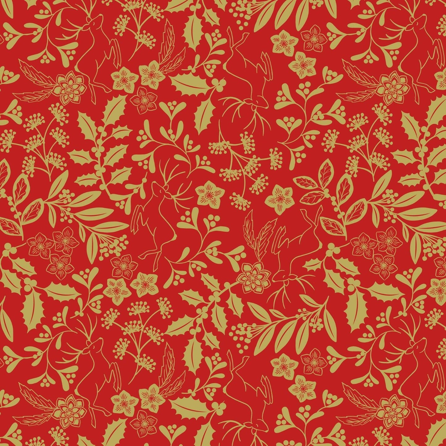 Metallic Gold Reindeer on Red - Noel Christmas Fabric Range - Lewis and Irene