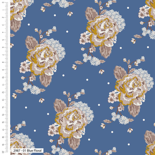 Floral - Blue Skies and Nutmeg range of fabric by Stuart Hillard - Blue