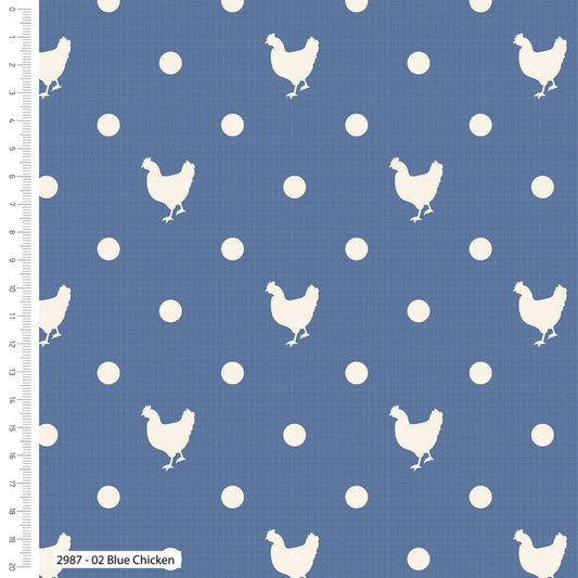 Chicken - Blue Skies and Nutmeg range of fabric by Stuart Hillard - Blue