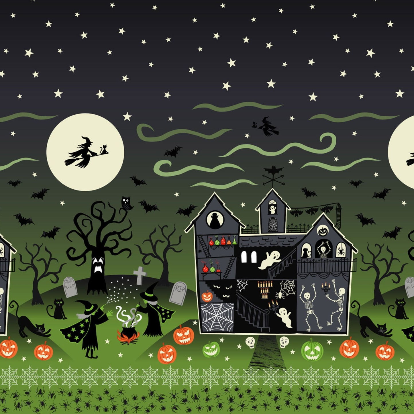Haunted House Border Print - Haunted House Halloween Fabric Range - Lewis and Irene - Green
