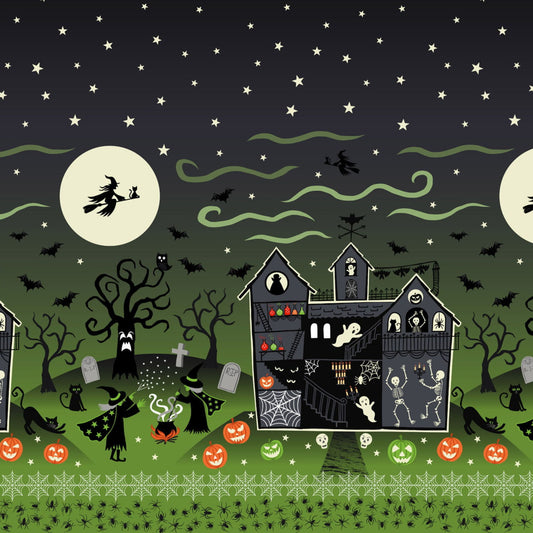 Haunted House Border Print - Haunted House Halloween Fabric Range - Lewis and Irene - Green