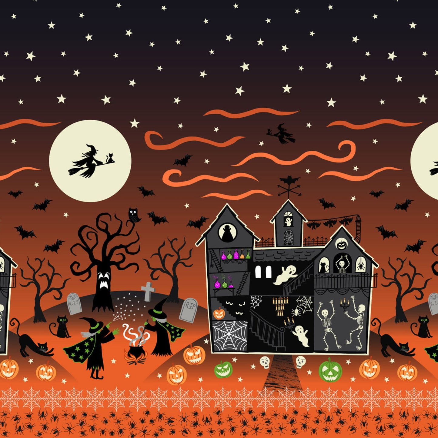 Haunted House Border Print - Haunted House Halloween Fabric Range - Lewis and Irene - Orange