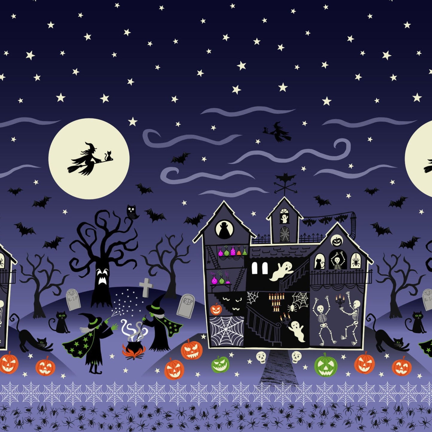 Haunted House Border Print - Haunted House Halloween Fabric Range - Lewis and Irene - Purple