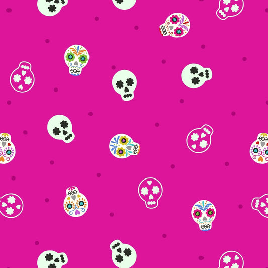 Sugar Skulls - Small Things Glow Fabric Range - Lewis & Irene - Bright Pink