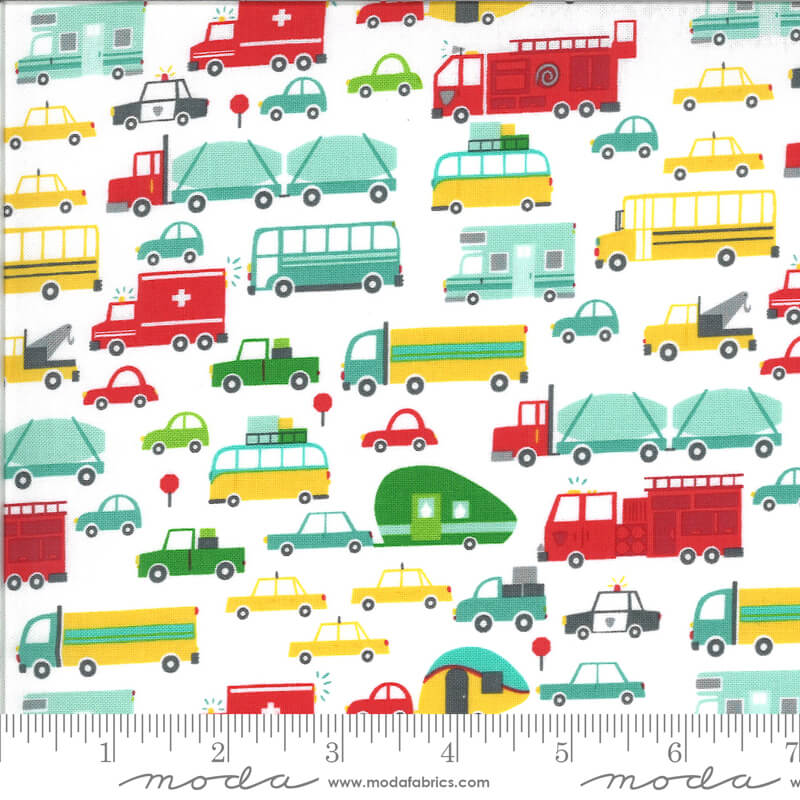 Cars and Trucks - On The Go Fabrics Range - Moda Fabrics  - White