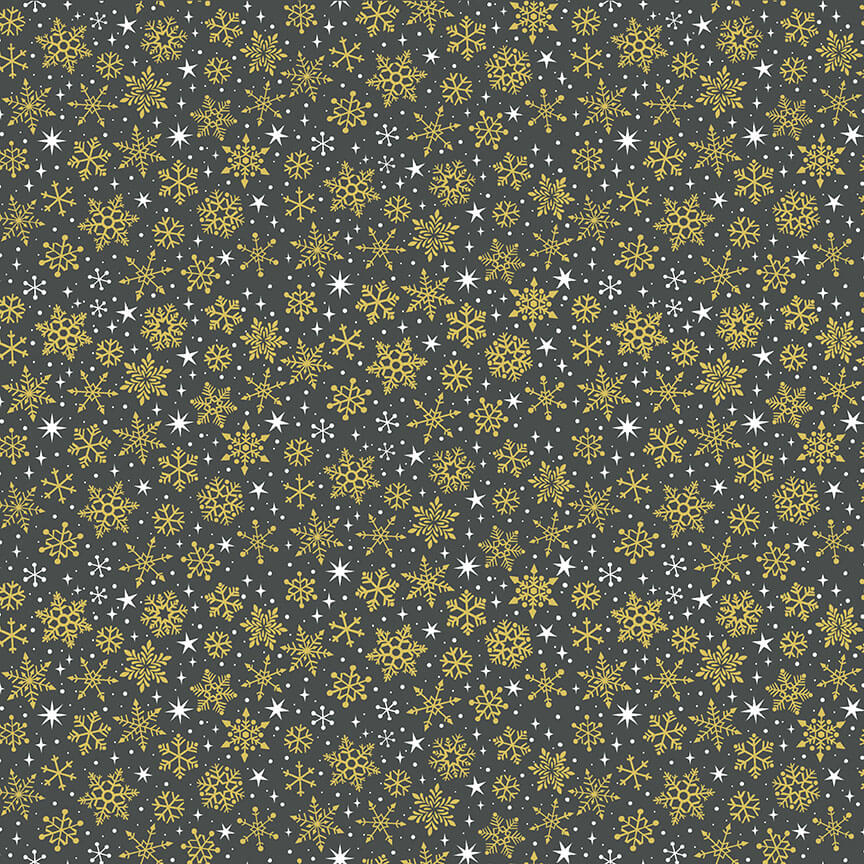 Snowflake - Christmas Essentials Fabric Range - Makower - Gold on Charcoal