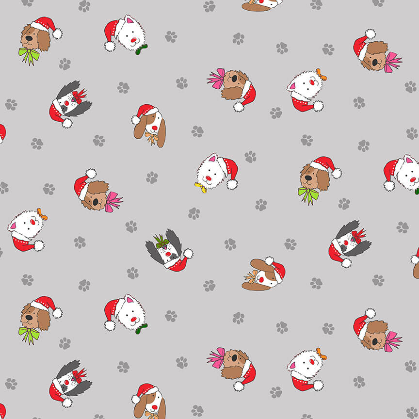 Dogs Heads - Yappy Christmas Fabric Range - Makower - Grey