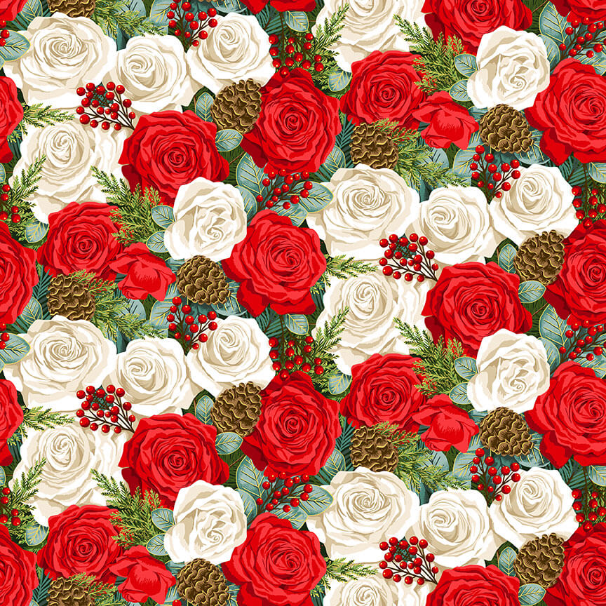 Christmas Rose - Classic Foliage Christmas Fabric Range - Makower - Red