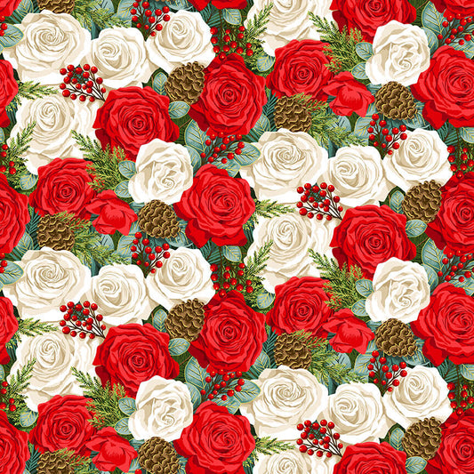Christmas Rose - Classic Foliage Christmas Fabric Range - Makower - Red