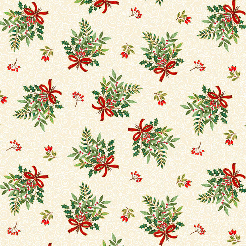 Boquet - Classic Foliage Christmas Fabric Range - Makower - Cream