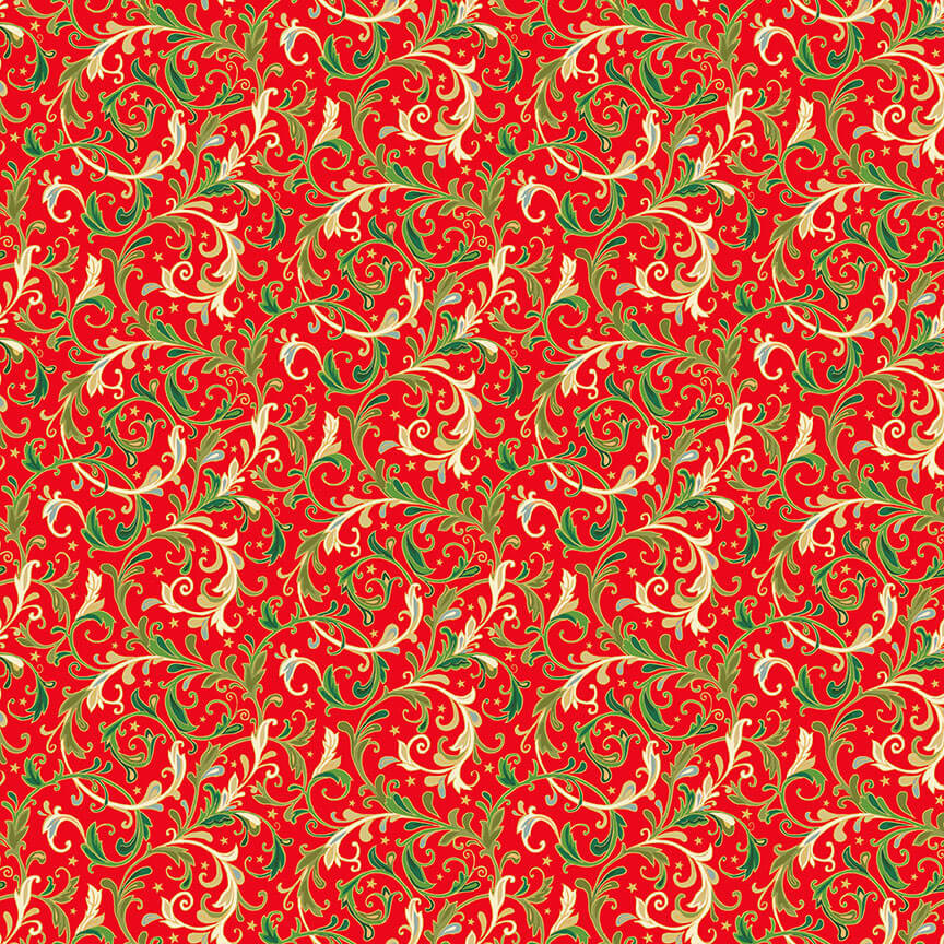 Decorative Scroll - Classic Foliage Christmas Fabric Range - Makower - Red