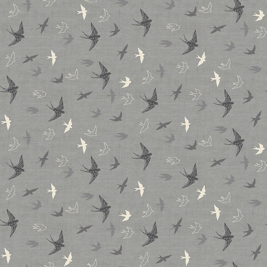 Swallows - Hedgerow Fabric Range - Makower - Grey