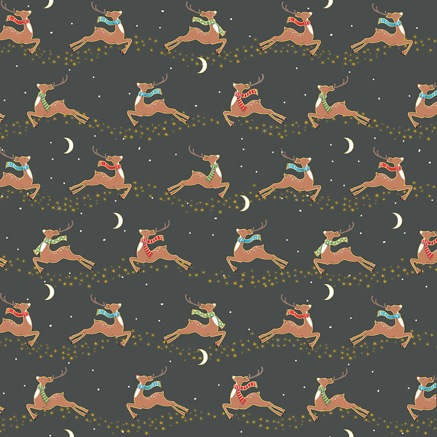 Flying Deer - Merry Christmas 2022 Christmas Fabric Range - Makower - Grey