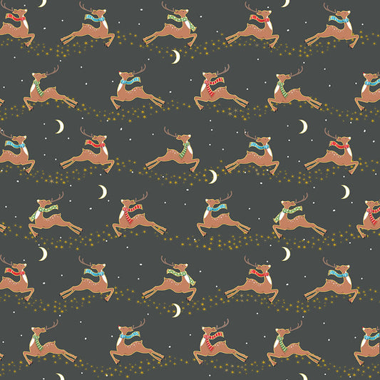 Flying Deer - Merry Christmas 2022 Christmas Fabric Range - Makower - Grey