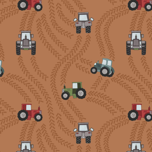 Tractor on Rust - Piggy Tales Fabric Range - Lewis and Irene