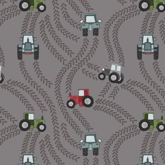 Tractor on Muddy Grey - Piggy Tales Fabric Range - Lewis and Irene