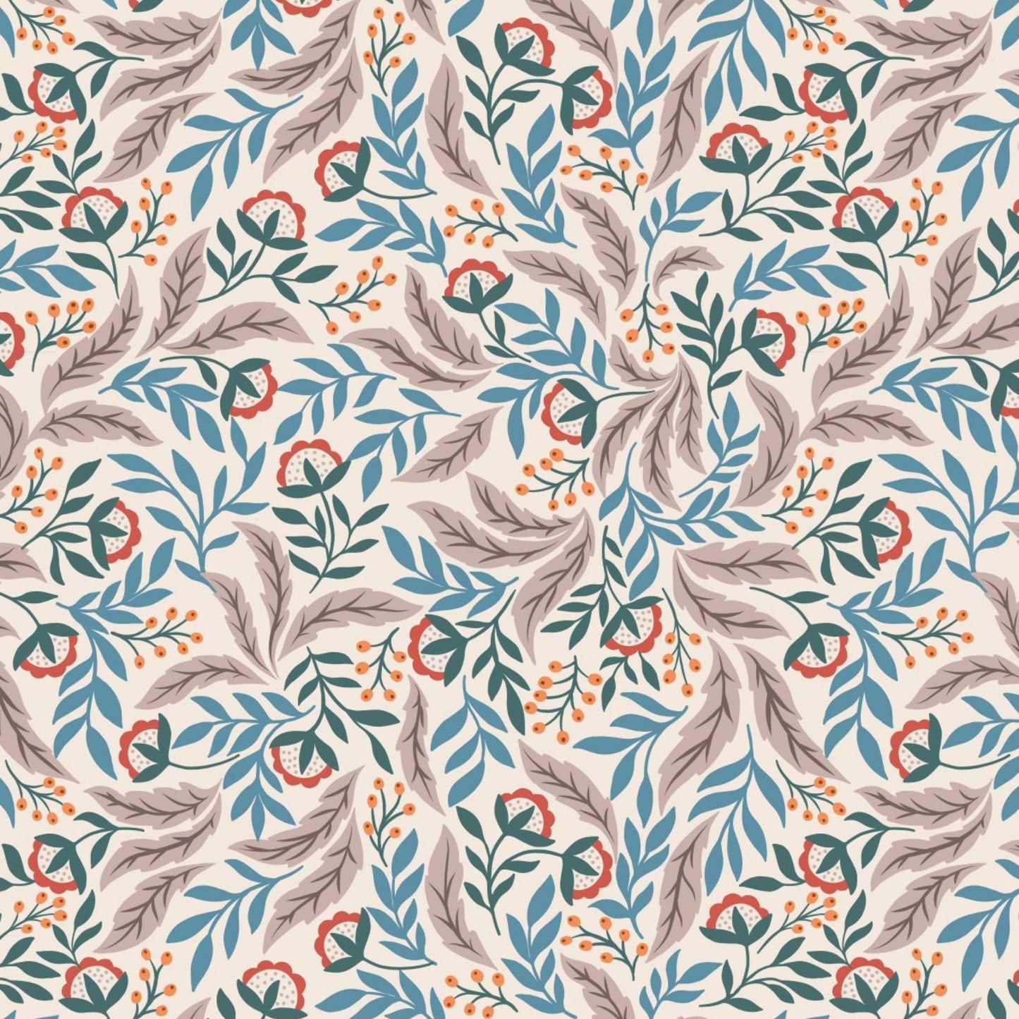 Arts and Crafts Floral - Wintertide Fabric Range - Lewis and Irene - Copper Metallic on Cream