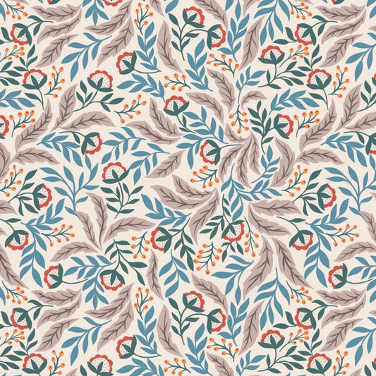 Arts and Crafts Floral - Wintertide Fabric Range - Lewis and Irene - Copper Metallic on Cream