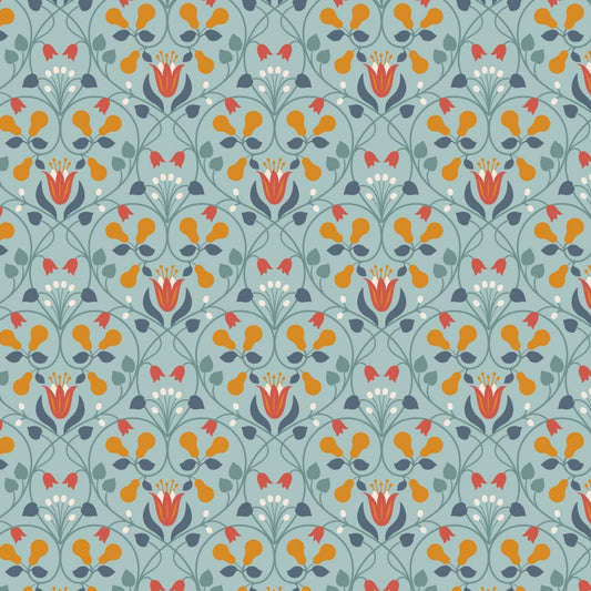 Pear Hearts - Wintertide Fabric Range - Lewis and Irene - Light Blue with Copper Metallic