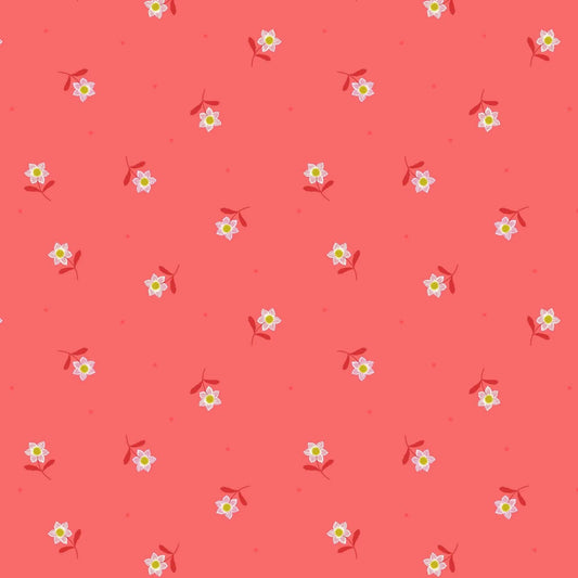 Little Flower Dot - Hibiscus Hummingbird Fabric Range - Lewis and Irene - Dark Coral