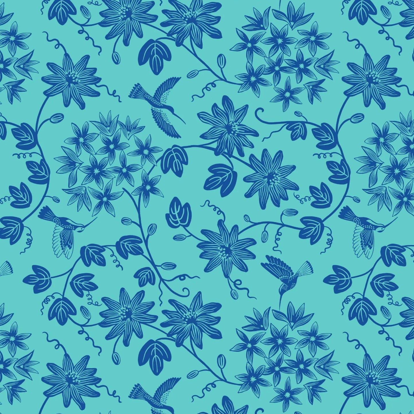 Hummingbird Mono - Hibiscus Hummingbird Fabric Range - Lewis and Irene - Blue