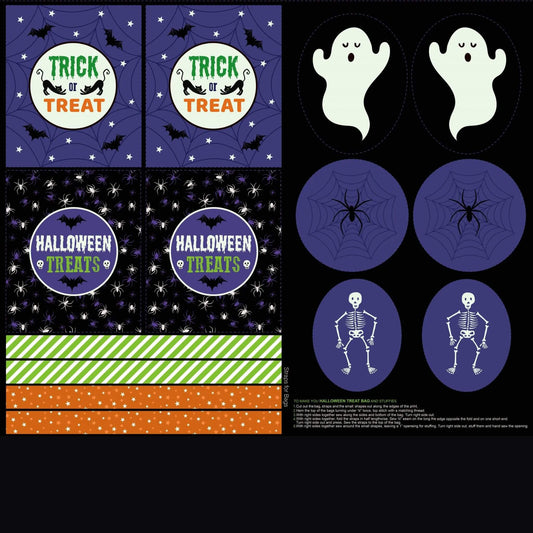 Glow In The Dark Treat Bags and Cut Outs on Black - Haunted House Halloween Fabric Range - Lewis and Irene