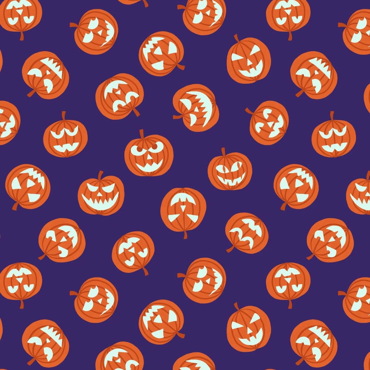 Glow in The Dark Pumpkin Faces - Haunted House Halloween Fabric Range - Lewis and Irene - Purple