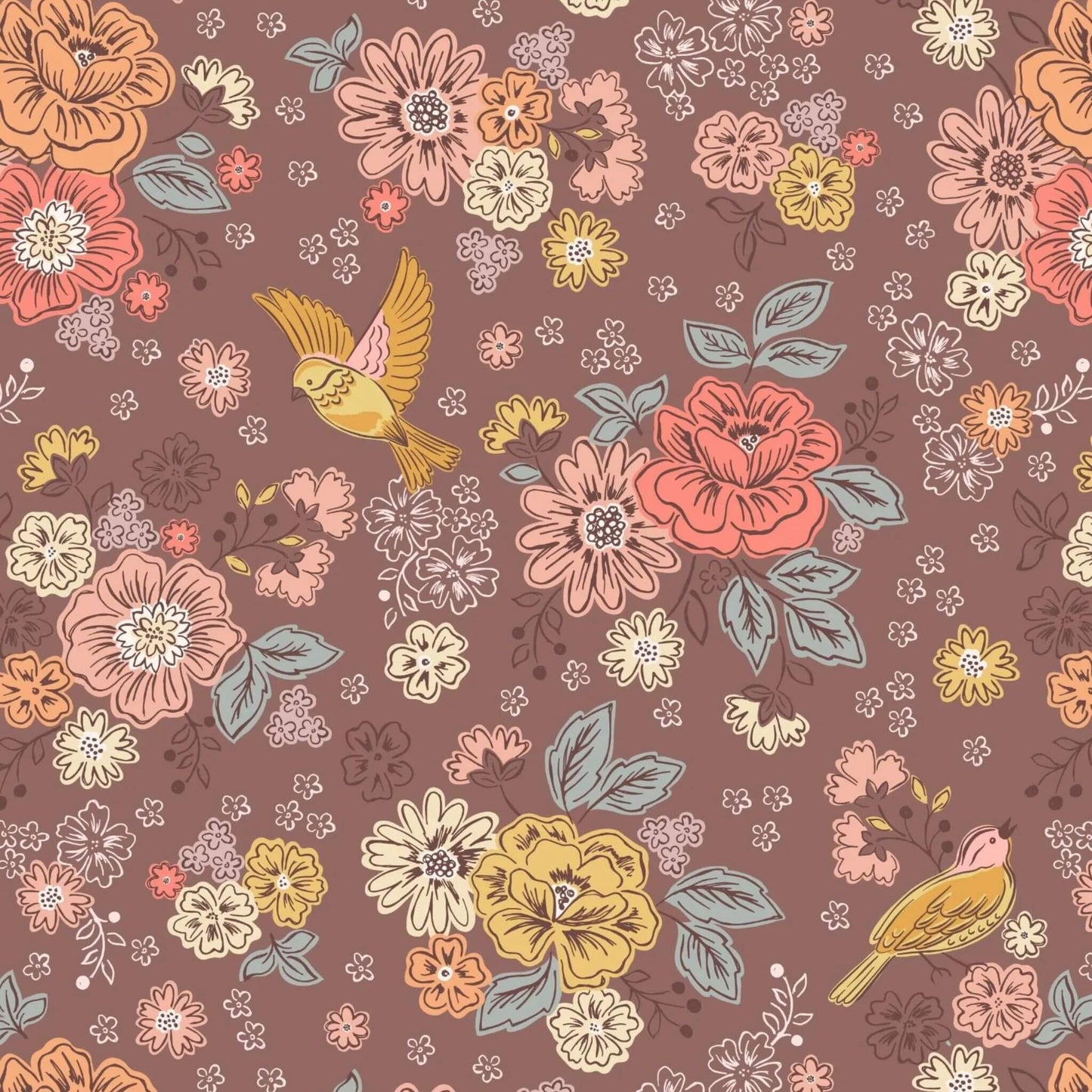Songbirds and Flowers - Hannahs Flowers Fabric Range - Lewis and Irene - Soft Brown