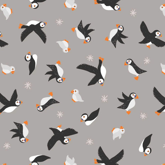 Puffins - Puffin Bay Fabric Range - Lewis and Irene - Warm Grey