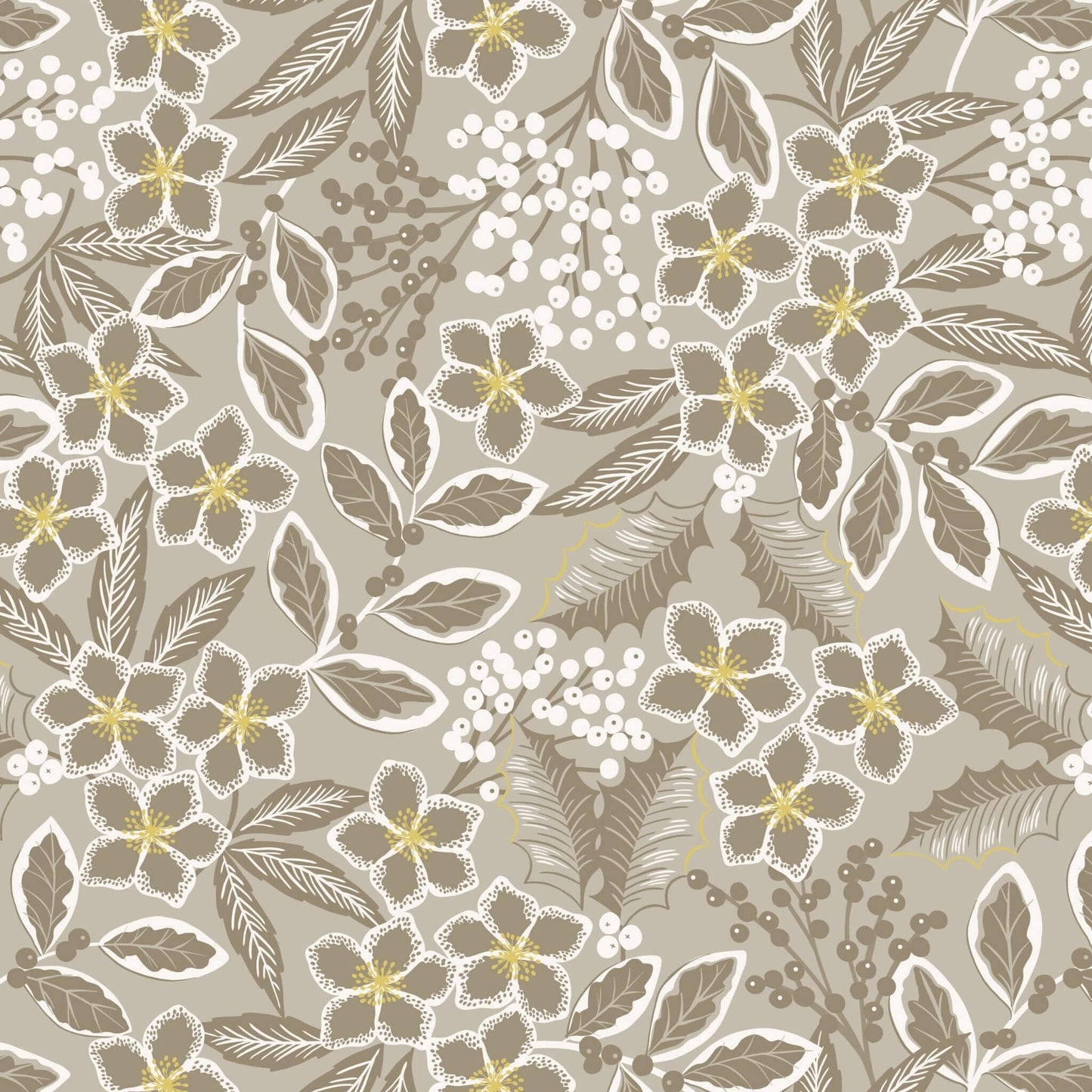 Noel Floral with Gold Metallic - Noel Christmas Fabric Range - Lewis and Irene - Natural
