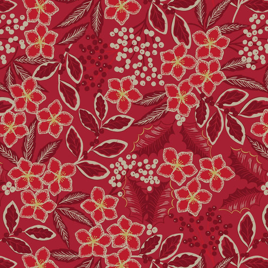 Noel Floral with Gold Metallic - Noel Christmas Fabric Range - Lewis and Irene - Red