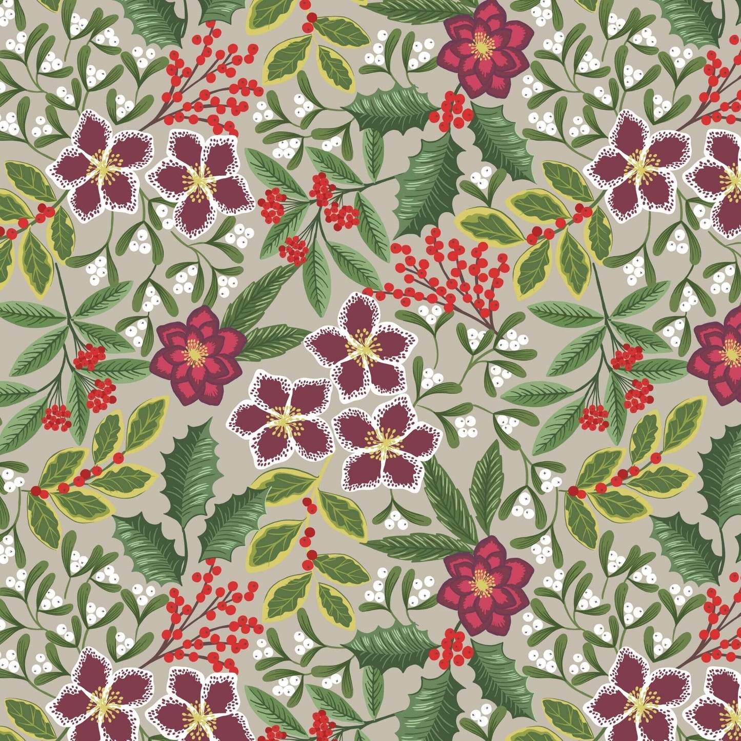 Christmas Floral - Noel Christmas Fabric Range - Lewis and Irene - Linen