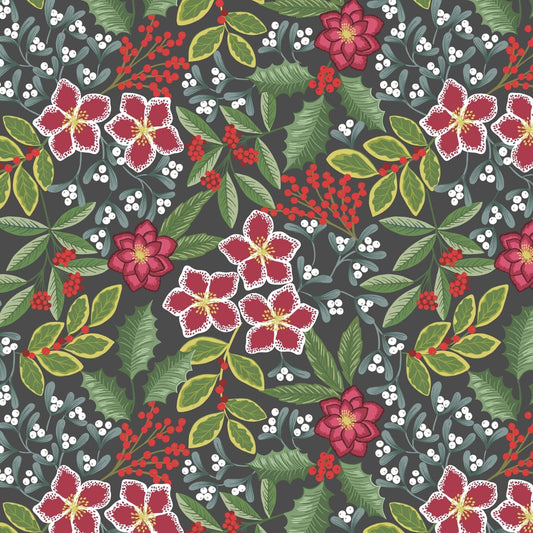 Christmas Floral - Noel Christmas Fabric Range - Lewis and Irene - Dark Grey