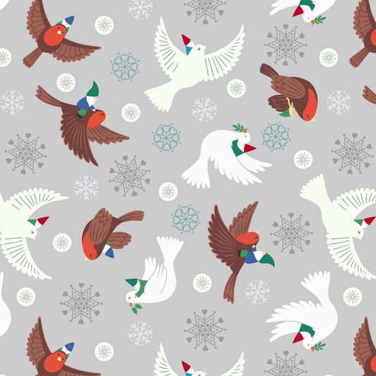 Flying Tomten - Hygge Glow Christmas Fabric Range - Lewis and Irene - Silver