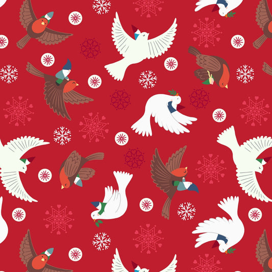 Flying Tomten - Hygge Glow Christmas Fabric Range - Lewis and Irene - Red