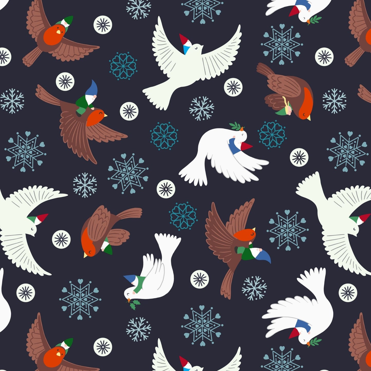 Flying Tomten - Hygge Glow Christmas Fabric Range - Lewis and Irene - Charcoal