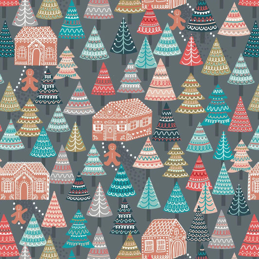 Gingerbread Forest - Gingerbread Season Christmas Fabric Range - Lewis and Irene - On Grey