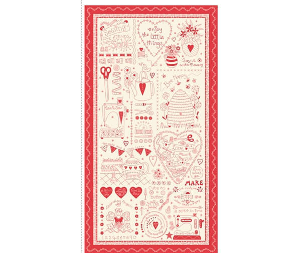 Panel 158P/8 - Say It With A Stitch Fabric Range by Mandy Shaw -  Red and White