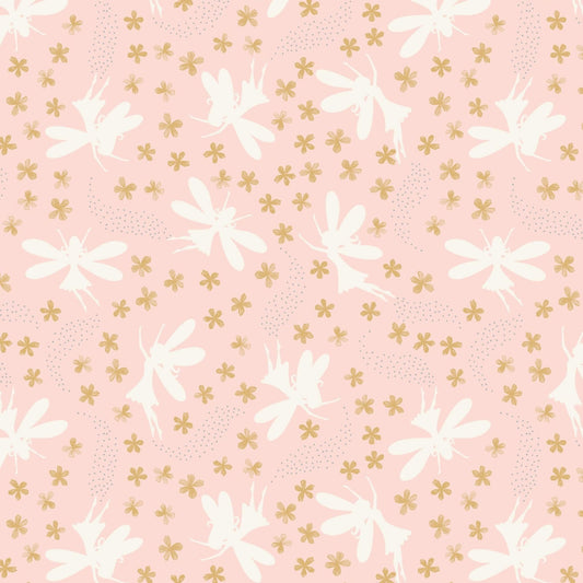 Floral Fairies - Fairy Clocks Fabric Range - Lewis and Irene - Light Pink with Silver Metallic