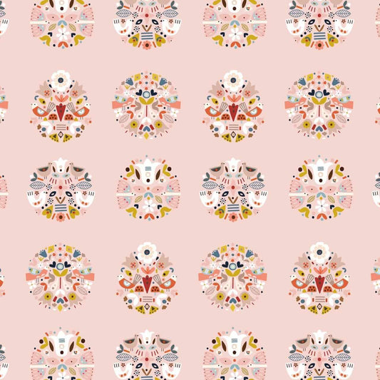Nordic Floral Bird Circles Panel - Nordiska Fabric Range - Dashwood Studio's - Pink - 80cm