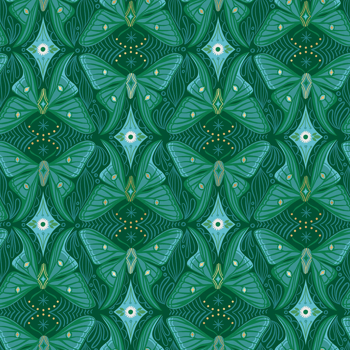 Metro Floral Geometric Butterfly - Camellia Fabric Range - Moda Fabrics - Dark Green